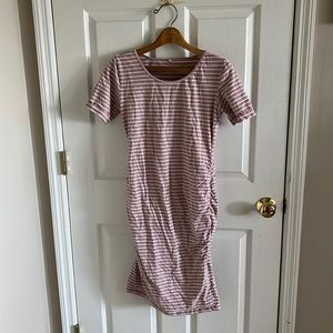 Maternity Pink & White Striped Ruched Siding Dress Size Medium